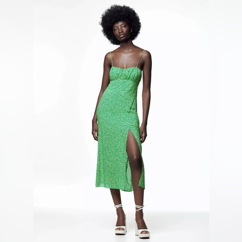 Zara Green Spotted Maxi Dress with Side Slit